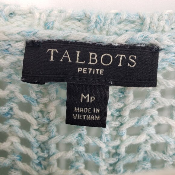 Talbots Open Knit Pointelle Sweater MP Cotton Scoop Neck Marled Aqua Blue White - Picture 3 of 7